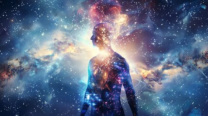 Fototapeta premium 宇宙の中の心：内なる宇宙と繋がる意識エネルギーとコピースペース