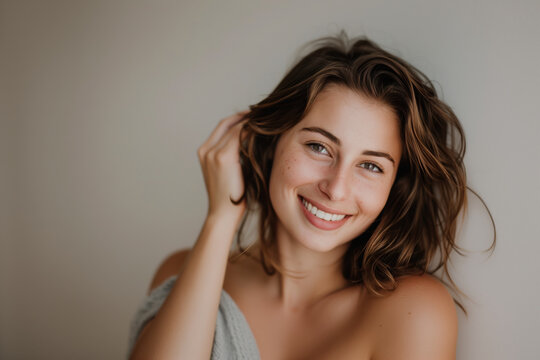 Retrato de mulher sorridente com cabelo solto e natural criado com IA generativa, destacando diferentes etnias e estilos de cabelo