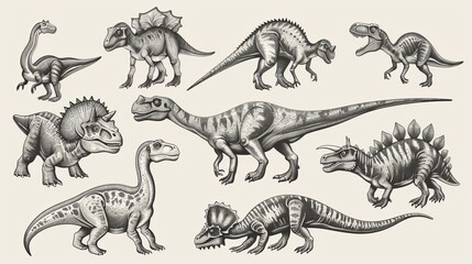 This image presents a variety of dinosaur figures rendered in a dynamic cartoon style, capturing the essence of these prehistoric creatures through vibrant and lively characters.