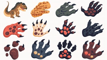 Vector illustration showcasing a variety of colorful dinosaur and claw prints, perfect for educational materials, art projects, and imaginative storytelling.