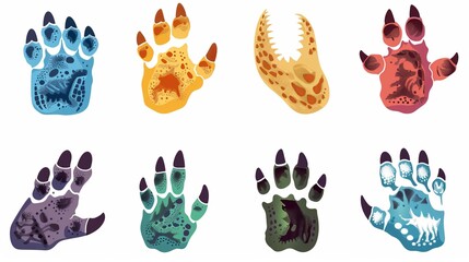 Vibrant dinosaur footprints illustrated in various colors and unique styles, offering a visually engaging representation perfect for children’s materials and decor.