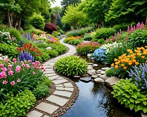 A peaceful garden with colorful flowers, a winding path, and a gentle stream running through it