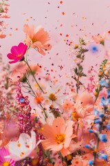 Colorful confetti falling on a bright green grassy field, perfect for celebrations and parties