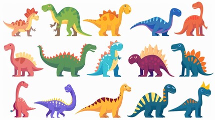 A display of brightly colored cartoon dinosaurs each illustrating distinct personalities, perfect for engaging children's content, educational books, and fun activities.