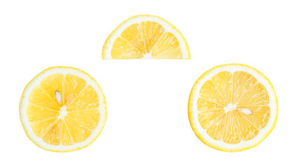 Top view set of yellow lemon halves with slice or quarter isolated on white background with clipping path