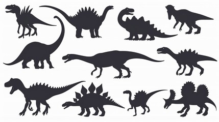This image showcases silhouettes of ten different dinosaur species in black, each with unique physical features and postures displayed clearly. Perfect for educational material.
