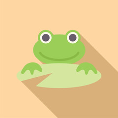 Green cartoon frog smiling and sitting on a water lily pad icon in flat style with long shadow