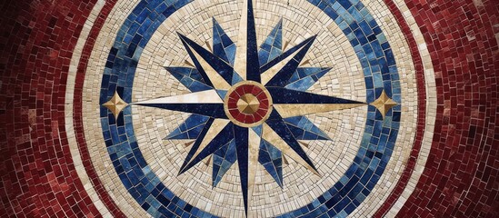 Mosaic Compass Design in Blue, Beige, and Red