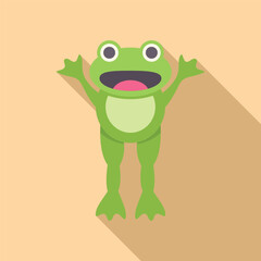 Happy green frog raising arms and smiling cartoon character