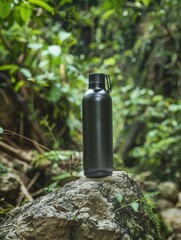 A black water bottle sits on a rock in the woods, surrounded by nature