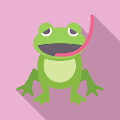Green frog licking its lips with its tongue out in flat design style on a pink background