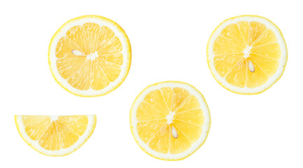 Top view set of yellow lemon halves with slice or quarter isolated with clipping path in png file...