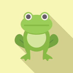 Minimalist illustration of a green frog standing on a light green background, with a long shadow