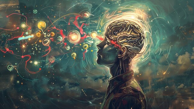 An individual with a glowing brain perceives vivid, abstract visuals in front of them, signifying imagination and cognitive processes in a surreal artistic style.