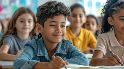 Obraz premium A boy with curly hair is smiling at the camera
