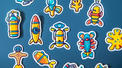 A set of vibrant and colorful stickers designed for kids, showcasing an assortment of various underwater-themed elements and marine creatures, suitable for decoration and play.