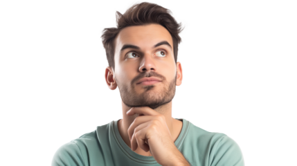man Thinking confused by solution or problem , man with decision making expression isolated on transparency background