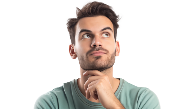 man Thinking confused by solution or problem , man with decision making expression isolated on transparency background