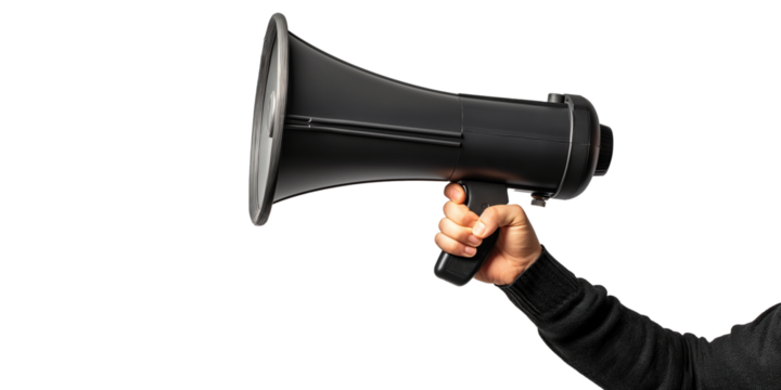 hand holding megaphone speaker isolated on transparency background, announcement advertising