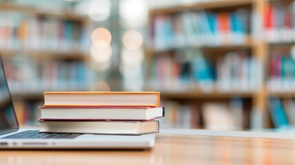 A stack of books is on top of a laptop