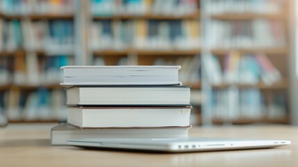 A stack of books is on top of a laptop