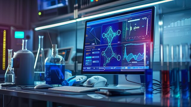 An advanced high-tech laboratory environment featuring modern glass beakers and scientific instruments complemented by a digital interface displaying complex data analyses.