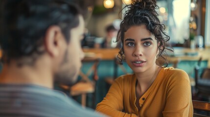A woman wearing a yellow top and a man engage in a meaningful conversation inside a cafe, creating a scene of intimate dialogue and thoughtful interaction between them.