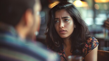 Fototapeta premium A woman wearing a floral patterned dress engages in a serious conversation with a man inside a dimly lit cafe, portraying a moment of intense and thoughtful dialogue.