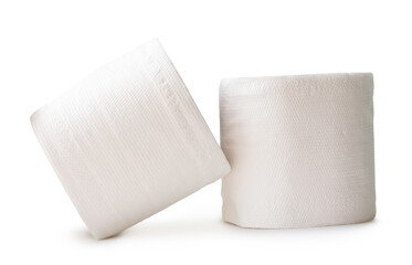 Front view of white tissue paper rolls in stack isolated on white background with clipping path