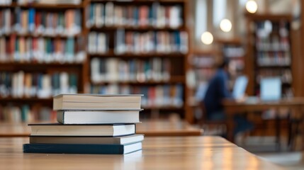 A stack of books on a table in a library