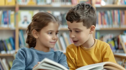 Fototapeta premium Two young boys are sitting together in a library, looking at a book