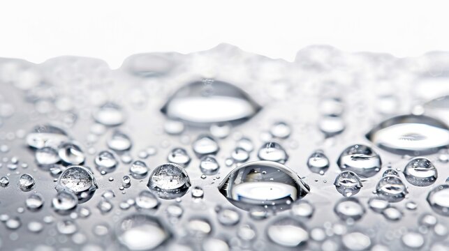 Clear water droplets of various sizes on a reflective surface, highlighting their round shapes and the surface tension effect in a close-up view.