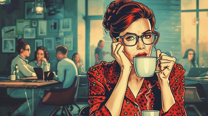 An animated woman wearing glasses enjoys her coffee in a lively cafe, with vibrant colors and a bustling setting, inviting viewers into a busy yet personal moment of enjoyment.