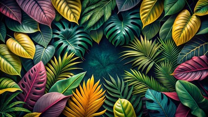 Vibrant tropical leaves in shades of green, yellow, and pink form a decorative border around a dark mysterious central void.