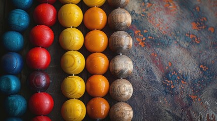 Wooden bead arrangement on simple background photographed from above