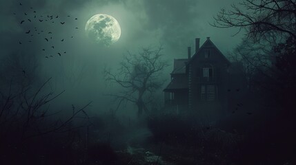 An old house stands solitary under a full moon on a foggy night, shrouded in eerie darkness, creating a haunting and mysterious atmosphere.