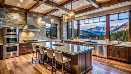Luxurious alpine retreat boasts sleek gourmet kitchen blending natural stone, wood accents, and premium modern appliances amidst breathtaking mountain views.