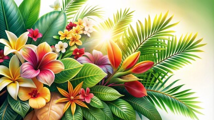 Obraz premium Vibrant, colorful, and exotic tropical leaves and flowers burst forth against a soft, creamy, serene, and gently illuminated white background.