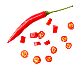 Top view set of red chili peppers or cayenne peppers with small slices isolated on white background...