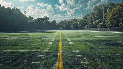 A vivid green football field featuring a central yellow line, surrounded by lush trees and cloudy sky, creating a serene and peaceful outdoor sports scene.