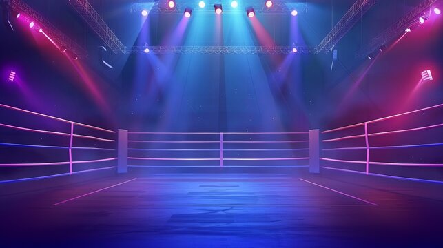 A vividly lit boxing ring under dynamic spotlights, showcasing a vibrant atmosphere ready for the impending match, with bright neon colors adding to the excitement and intensity.