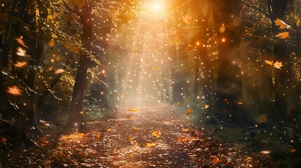 A beautiful, magical forest path during autumn, where leaves are falling and glowing particles fill the air creating an enchanting atmosphere.