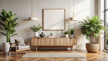 Modern white wall living room interior with empty poster frame mockup, rustic wooden sideboard, and tiny green potted plant decoration.