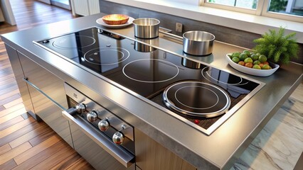 Modern kitchen countertop showcasing a high-gloss, stainless steel, electric induction cooktop with five circular heating elements and digital controls.