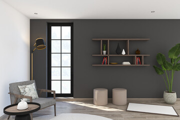 3d render of minimal interior design wall mockup with shelves and frames. Light oak wood parquet floor, dark gray wall and white ceiling. Set 6