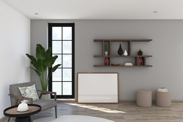 3d render of minimal interior design wall mockup with shelves and frames. Light oak wood parquet floor, gray wall and white ceiling. Set 7