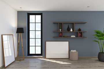 3d render of minimal interior design wall mockup with shelves and frames. Light oak wood parquet floor, light blue wall and white ceiling. Set 9