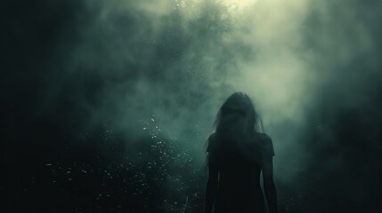 A mysterious figure of a woman stands in a dark, misty, and foggy environment, creating an eerie and haunting atmosphere that captures the viewer's imagination.