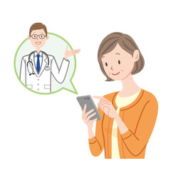 スマホでリモート診療を受ける中年女性のイラスト　中高年　シニア