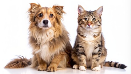 Adorable, furry dog and curious, whiskered cat sit side by side on white, isolated background, showcasing unlikely friendship.